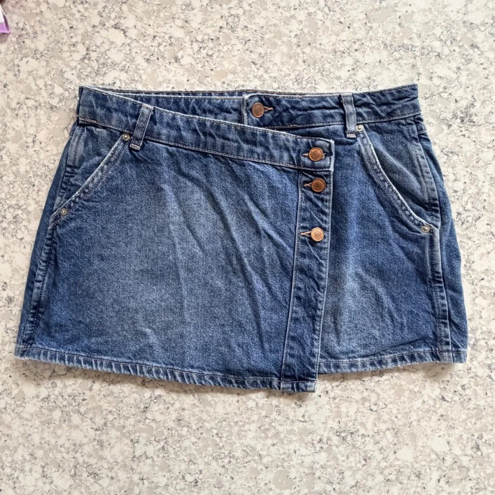 Free People Wynne Asymmetric Denim Wrap Mini Skirt Size 28